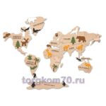 Карта мира деревянная с фигурками животных
